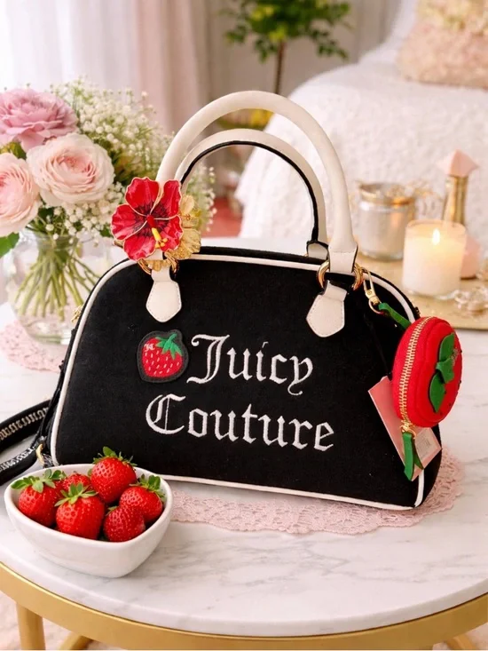 Juicy Couture Black Satchel with White Trim & Strawberry Charm - Picture 6 of 16